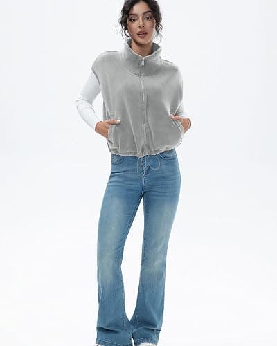miswek Women's Full Zip Fleece Short Vest Warm Winter Sleeveless Stand Collar Sherpa Crop Coat thumbnail 6
