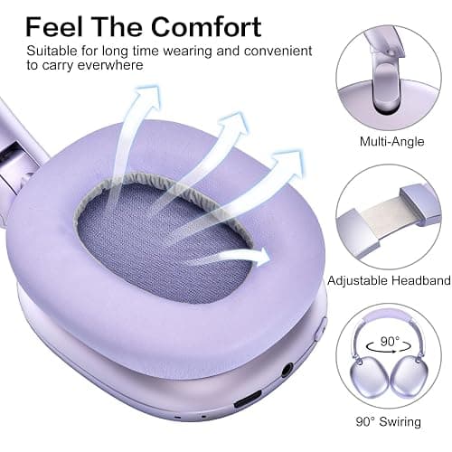 RORSOU C6 Active Noise Cancelling Headphones, Wireless Over Ear Bluetooth Headphones, 60H Playtime, Lightweight Folding Deep Bass Comfort Fit Ear Cups Headset with Mic for iPad/Travel/PC/Home Purple thumbnail 4