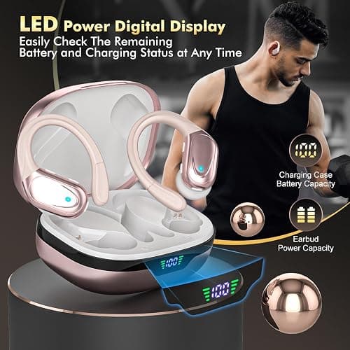 HAOYUYAN Wireless Earbuds, Sports Bluetooth Headphones, 80Hrs Playtime Ear Buds with LED Power Display, Noise Canceling Headset, IPX7 Waterproof Earphones for Workout/Running (Rose Gold) thumbnail 7