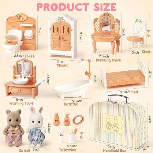 TUZT Suitcase Dollhouse Furniture Set for Kids, Mini Dollhouse Box with 2 Flexible Dolls and Bedroom&Bathroom Furnitures, Pretend Play Accessories Christmas Birthday Gift for Toddlers Ages 3+ thumbnail 3