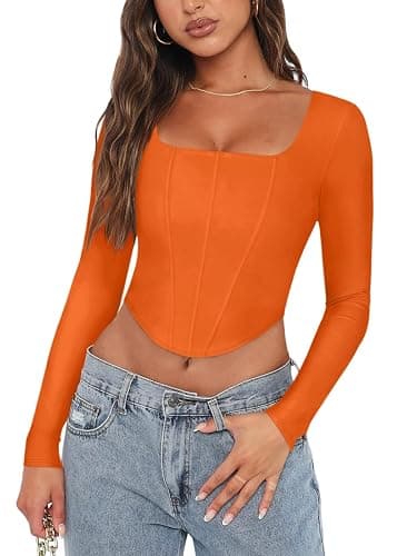 REORIA Womens Trendy Sexy Square Neck Long Sleeve Backless Y2K Going Out Boned Bustier Corset Crop Tops - Image 1