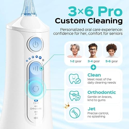 COSLUS C51 Portable Water Flosser for Teeth: 3 Modes & 6 Pressure Settings with Jet Mode Water Dental Pick for Orthodontic, Braces, Sensitive Gums, Compact for Travel, 300ML for Multiple Users, White thumbnail 6
