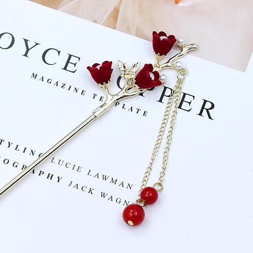 inSowni 8 Pieces Retro Vintage Asian Chinese Traditional Hanfu Gold Metal Rose Flower Butterfly Hair Pins with Bead Pendants Long Hair Sticks Forks Bun Updo Holders Hairpins for Women Girls thumbnail 8
