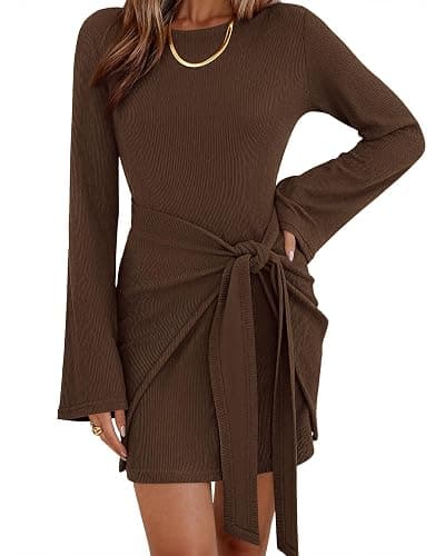 dowerme Women's Casual Mini Dress 2025 Bell Long Sleeve Boat Neck Tie Waist Bodycon Dresses Knitted Party Fall Outfits - Image 1