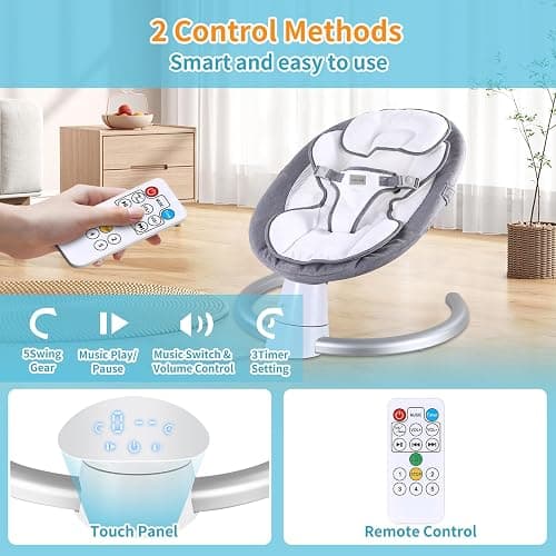 Uuoeebb Electric Baby Bouncer with Bluetooth, Baby Bouncer Chair with 5 Swing Speed, 3-Stage Timer and Remote Control, Portable Baby Swing Chair from Birth for 0 Months Plus Newborn Boys Girls (Grey) - Grey thumbnail 3