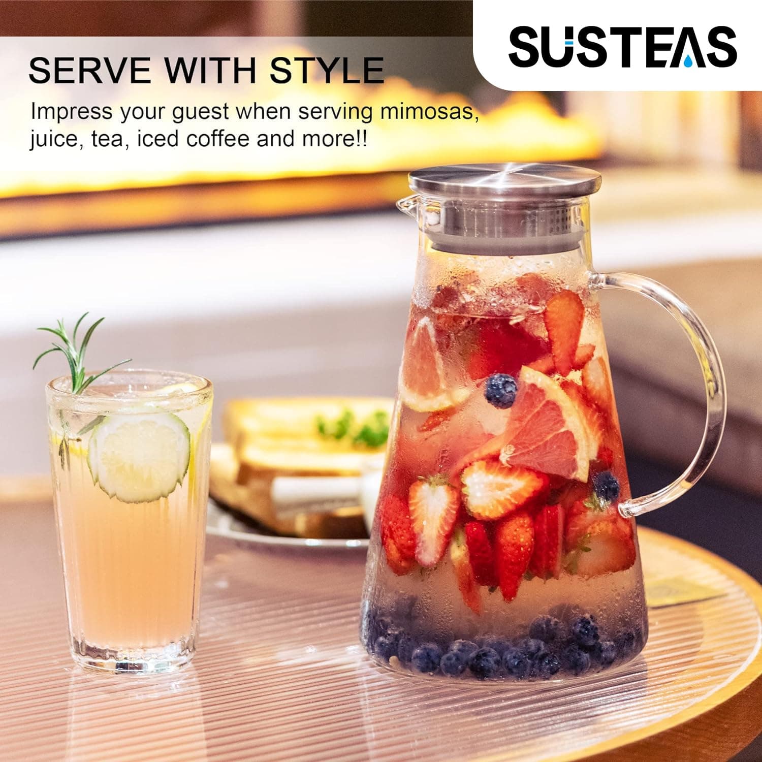 SUSTEAS Jarra de vidro de 2 litros de 1,927 g com tampa, garrafa de água de vidro resistente ao calor fácil de limpar com alça para bebidas quentes/frias - água, bebida fria, chá gelado e suco, com 1 thumbnail 6
