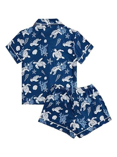 WDIRARA Women's 2 Piece Sea Turtle Graphic Pajama Set Shorts Loungewear | Sea Beach Print,Whale Shark,Button Down,Pjs Sets,Short Sleeve,Summer thumbnail 2