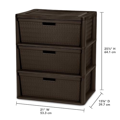 CNEIESD 3-Drawer Wide Weave Plastic Decor Drawer Tower – Brown, Pull Handles, Concealed Storage thumbnail 3