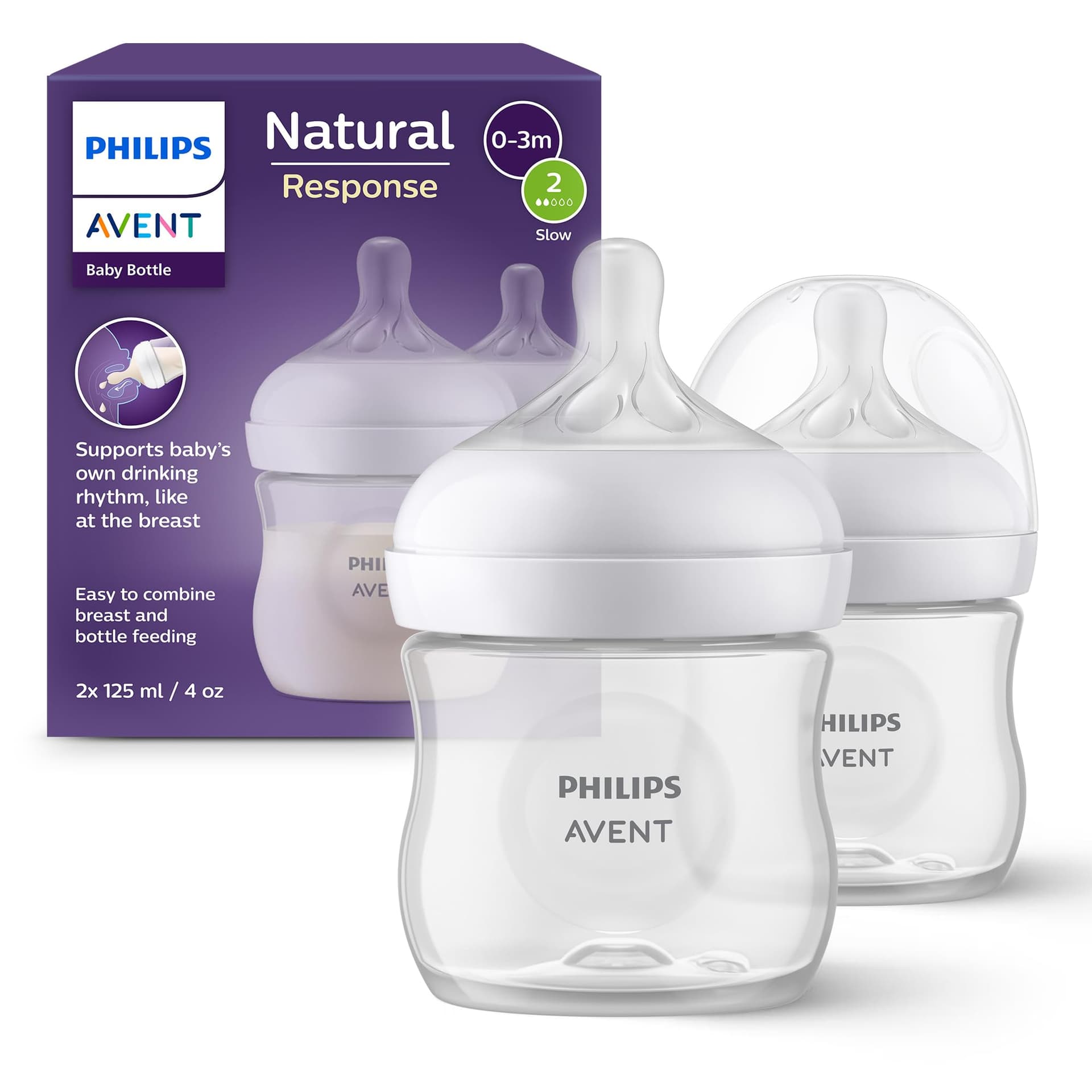 Philips Avent Natural Response Baby Bottles 4oz/125 ml with Slow Flow Teat (Flow 2), 2-Pack, SCY900/02 - Image 1