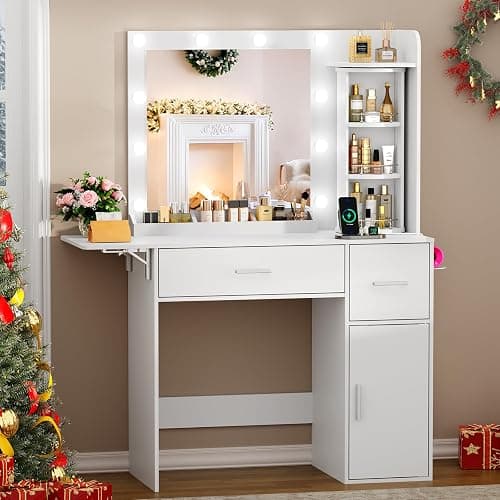 EasyCom Vanity Desk with Rotating Jewelry Organizers, Makeup Vanity with Mirror and Lights, Dressing Table with USB-C Charging Station, 2 Drawers and 1 Cabinets for Bedroom, Dressing Room, White thumbnail 9