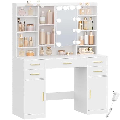 HEXCELEN 108 cm Coiffeuse avec Miroir et Lumières LED, Blanc | Luminosité Réglable, Tiroirs, Armoire et Étagères Ouverts, Table de Maquillage, Miroir avec Étagères Cachées thumbnail 9