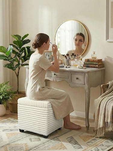 ABHENG 17.7 inches Faux Fur Ottomans Cube with Legs, Metal Framed Vanity Stool Chair Storage Ottoman Foot Rest Stool, Holds 770 LB for Dorm Living Room Bedroom White UASND644W thumbnail 2