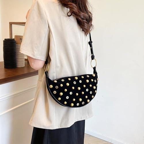 OWGSEE Studded Purse Trendy Studded Handbag Hobo Crescent Bags Y2K Shoulder Bag Suede Purses for Women thumbnail 6