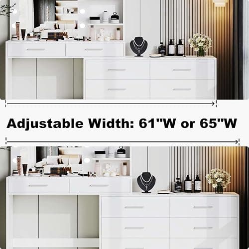 Rovaurx 65" W Makeup Vanity Set with Mirror and 3-Color Lights, Large Vanity Table with 8 Drawers & Side Storage Shelf, Adjustable Width, Bedroom Dressing Table with Stool, for Women, White RSZT109WD thumbnail 7