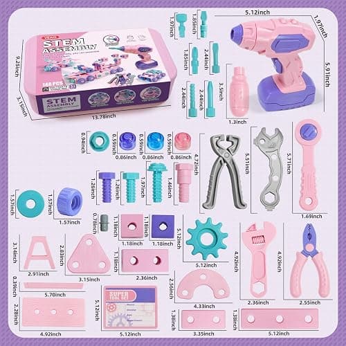 Pink Kids Tool Set for Girls,Toddler Tool Set with Drill &Toolbox,STEM Montessori Toys for 3 4 5 Year Old,Pretend Play Kid Toy,Educational Construction Toy for 3-6 Year Old Girl,Birthday Gift for Kids thumbnail 7