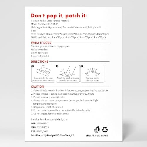 Daolyo Large Pimple Patches for Face, 7 Sizes 210 Counts XL Acne Patches, Big Hydrocolloid Bandages for Body, Chin, Forehead, Chest, Back Zit Breakouts (Strip, Square, Round) thumbnail 9