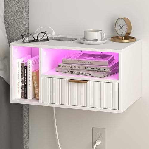 Veegle White Floating Nightstand with Charging Station and LED Lights,White - Image 1