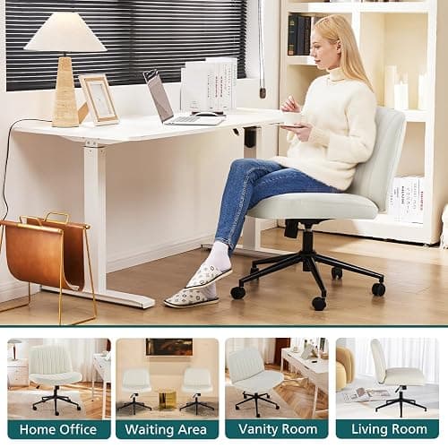 OLIXIS Criss Cross Chair with Wheels Wide Cross Legged Office Desk Vanity Chair Comfy Fabric Armless Adjustable Swivel for Home Computer Task PU Beige thumbnail 6