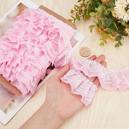 GORGECRAFT 11 Yards Pink Double-Layer Pleated Chiffon Lace Trim 5cm Wide 2-Layer Gathered Ruffle Trim Edging Tulle Trimmings Fabric Ribbon Jacquard lace for DIY Sewing Crafts Pillowcase Embellishments thumbnail 2