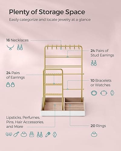 SONGMICS Jewelry Holder, Jewelry Organizer, Jewelry Display Stand with Metal Frame, Velvet Tray, Necklace Earring Bracelet Holder, for Studs, Rings, Gift Idea, Pale Gold UJJS021A01 thumbnail 6