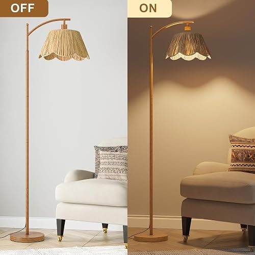 Oneach Rattan Floor Lamp for Bedroom, Boho Floor Lamp with Foot Switch, Farmhouse Standing Lamps for Living Room with Hand-Woven Shade, Walnut Metal Base & Pole thumbnail 5