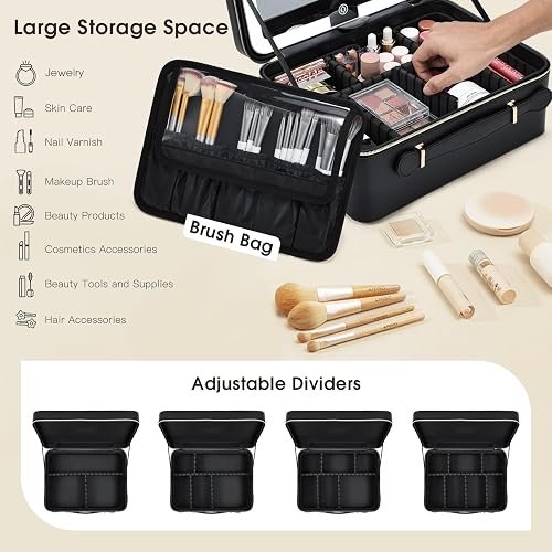 Faquenc 11.4 Inch Extra Large Makeup Bag with LED Lighted Mirror Leather Cosmetic Train Case Light up Mirror Portable Makeup Artist Storage Bag with Dividers Makeup Brush Holder Vanity Black thumbnail 3