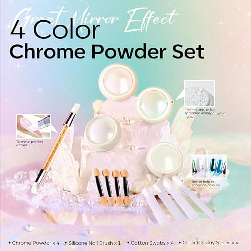 Modelones Chrome Nail Powder Set -4 Pearl Effect Pigment White Silver Chrome Powders for Gel Nails, with 1Pcs Silicone Nail Brushl, 4Pcs Cotton Swabs and 4Pcs Color Display Sticks thumbnail 4