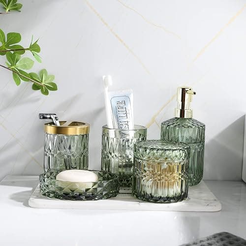 LaMarriti Green Bathroom Accessories Set, 5Pcs Clear Glass Bathroom Set Accessories, Soap Dispenser, Soap Dish, Toothbrush Holder Set, Tumbler, Qtips Holder for Vintage Crystal Bath Decor thumbnail 2