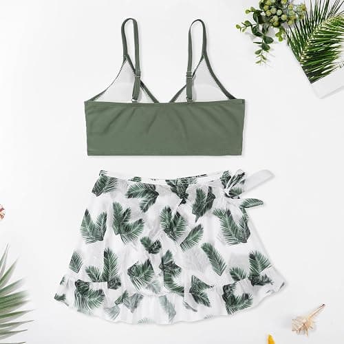 URMAGIC Girls 3 Piece Swimsuits Bathing Suit Cute Ruffle Floral Print Bikini Set with Skirt Kids Swimwear Size 9-14 Years - 11-12 Years - Green Feather thumbnail 2