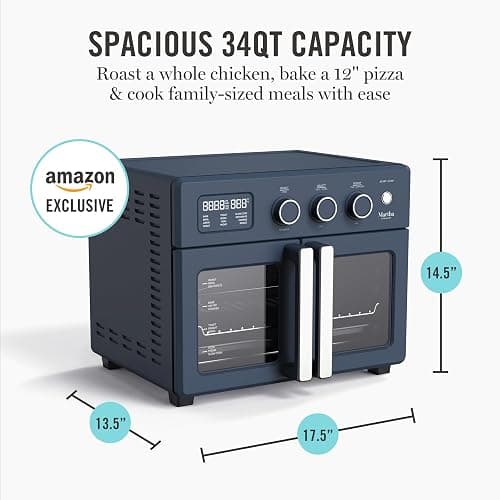 Martha Stewart French Door Air Fryer Toaster Oven Combo, 34QT Countertop Convection, 12-in-1, Bake, Broil, Roast, Fits 12” Pizza, Dehydrate, 5 Accessories, Air Fry Basket, Stainless Steel, Indigo Blue thumbnail 3