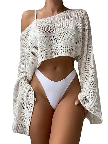 COZYEASE Women's Hollow Out Crop Bikini Cover Up Boat Neck Long Sleeve Crochet Sheer Swimsuit Cover Up - Image 1