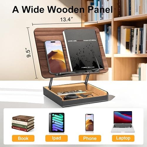 HUMANCOZY Book Stand with Storage, Book Holder for Reading Hands Free, Wooden Cookbook Stand for Kitchen Counter, Adjustable Reading Stand for Desk, Recipe Stand, Book Prop for Book Lovers thumbnail 2