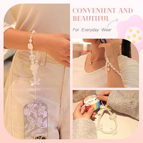 4 PCS Cute Phone Charms Aesthetic Y2K Cellphone Wrist Strap Bedazzling Flower Bow Butterfly Accessories ABS Imitation Pearl Beaded Anti-Theft Chain String for Bag Keychain Airpods Camera Decor thumbnail 6