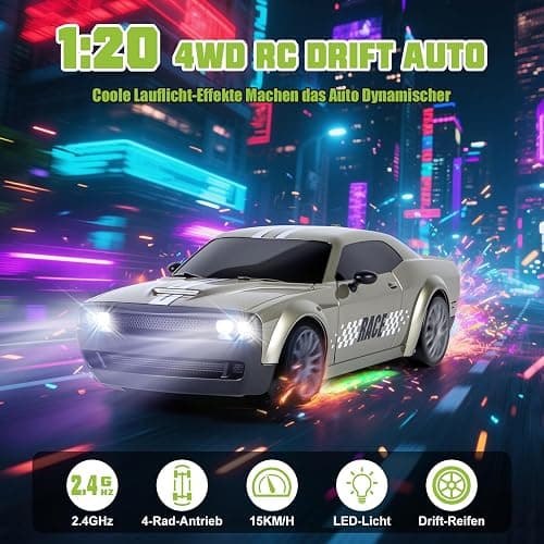 BuzzoXerex 1:20 RC Drift Car, 4WD Drift Auto Ferngesteuert, 15km/h RC Drift Auto, Mini Drift Car mit Unterbodenlicht und Straßensperren, Tabletop Drift RC Car für Kinder ab 8+ Jahre (Grau) - Grau thumbnail 3
