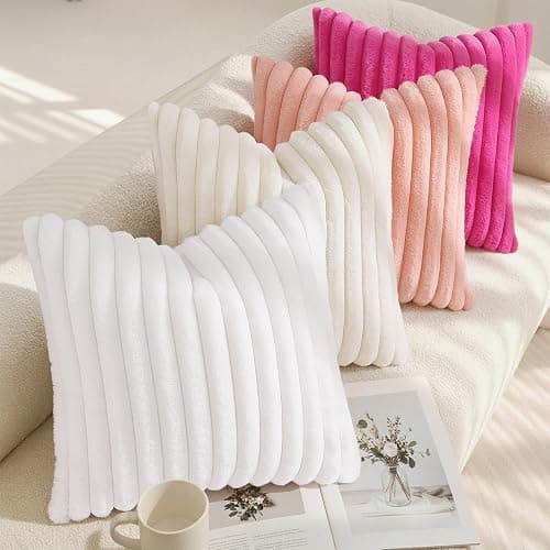 decorUhome Fall Cozy Faux Fur Throw Pillow Covers 18x18 Set of 2 Decorative Soft Plush Striped Modern Farmhouse Boho Couch Pillow Cases with Velvet Back for Sofa Bed Living Room, White thumbnail 7