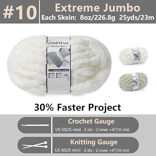 Cozyful Chunky Yarn for Hand Knitting - #10 Chunky Chenille Yarn, Jumbo Big Thick Chunky Yarns for Crocheting, Super Bulky Chunky Knit Blanket Yarns, 8 Skein (25yd, 8oz/Skein), Cream & Sage thumbnail 3