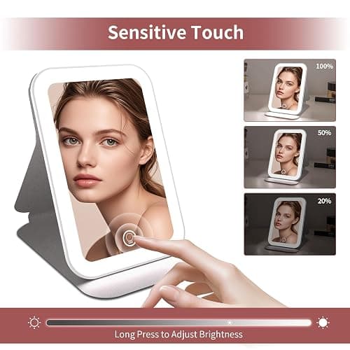 Kintion Travel Makeup Mirror, 6.3"*4.25"Rechargeable Portable LED Lighted Makeup Mirror, 3 Colors Touch Dimmable Tabletop Makeup Mirror, for Outdoor Travel, Women Gift, White thumbnail 6