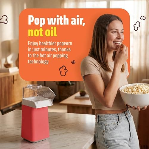 Wumple Hot Air Popcorn Machine - 14-Cup Electric Popcorn Popper, Oil-Free, 1200W - Includes Measuring Cup - Home Popcorn Maker for Movie Nights - Red thumbnail 4