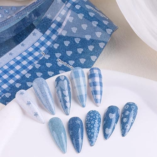 FSpronail Denim Nail Foil Transfer, 10 Rolls/Box Blue Jeans Prints Plaids Nail Stickers Foil Transfer Sheets Hearts Stars Decals Starry Paper Punk Decoration Manicure Wraps Pegatinas Uñas Salon Supply thumbnail 5