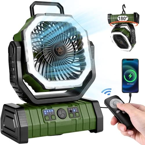 Odoland 30000mAh Camping Fan with LED Lantern, Rechargeable Battery Operated Oscillating with Remote & Hook, Portable Tent Fan with Timer, 4 Speeds for Outdoor Camp RV Jobsite Power Outage, Green - Image 1