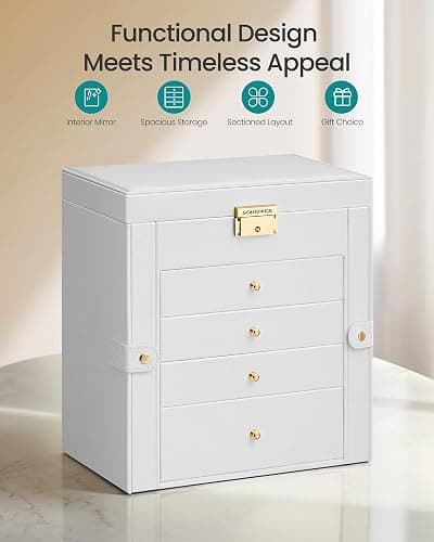 SONGMICS 5-Layer Jewelry Box Organizer with 4 Drawers, Jewelry Storage Case with Lock and Mirror, Large Storage Capacity, Gift for Loved Ones, for Necklaces, Watches, Cream White UJBC153WD01S thumbnail 4