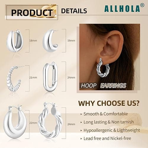6 Pairs 14K Gold Plated Hoop Earrings for Women Lightweight Chunky Hoop Earrings Multipack Hypoallergenic, Thick Open Twisted Huggie Hoops Earring Set Jewelry for Gifts. thumbnail 3