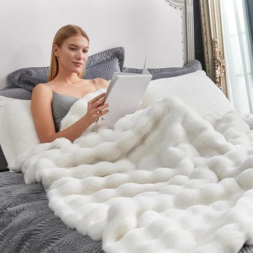Cozy Bliss Faux Fur Throw Blanket for Couch, Fuzzy Soft Plush Thick Bubble Blanket for Sofa Bedroom Living Room, 60 * 80 Inches Cream White thumbnail 4