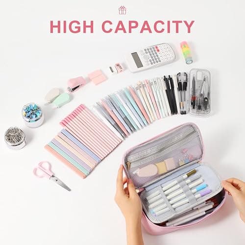 YOOLIFE Pencil Case for Girls, Cute Pencil Pouch Pen Case, Large Capacity Aesthetic School Supplies for Teen Girls, B (Pink) thumbnail 3