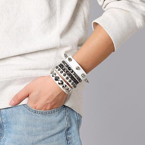 Eigso 3 Pcs Leather Punk Bracelets for Men Women of Rock Rivet Wrap Retro Spike Bracelet Adjustable thumbnail 5