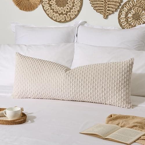 Kevin Textile 14x36 Inch Long Lumbar 1 Pack Boho Decorative Throw Pillow Cover Soft Striped Corduroy Rectangle Cushion Case Farmhouse Solid Color Accent for Living Room Couch Sofa Bed, Cream White - Image 1