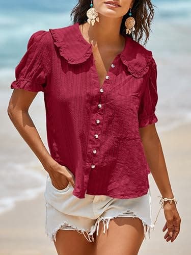 Tankaneo Womens Puff Sleeve Shirts Peter Pan Collar Button Down Tops | Cotton Blouse, Casual, Summer, Short Sleeve, Cute, Textured Tops, Lightweight & Breathable thumbnail 5