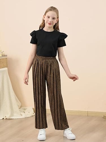 GORLYA Girls Clothing Sets Ruffle Trim Short Sleeve Tops Casual Printed Pleated Wide Leg Pants 2 PCS Outfit Suits 6-14Y thumbnail 3