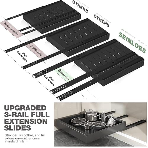 Seinloes 2 Pack Pull Out Cabinet Organizer 22" Deep,Full Extension 3 Slide Rails Slide Out Drawers With Raising Pad for Framed Cabinets,Expandable Width (12.3"-20.5"),No Drill Roll Out Shelf,Black thumbnail 3