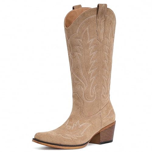 Fioralie Suede Cowboy Boots for Women Western Mid Calf Cowgirl Boots with Embroidered, Retro Snip Toe Fashion Boot With Chunky Block Heel Summer Fall Country Music Festival Cowboy Chic thumbnail 4